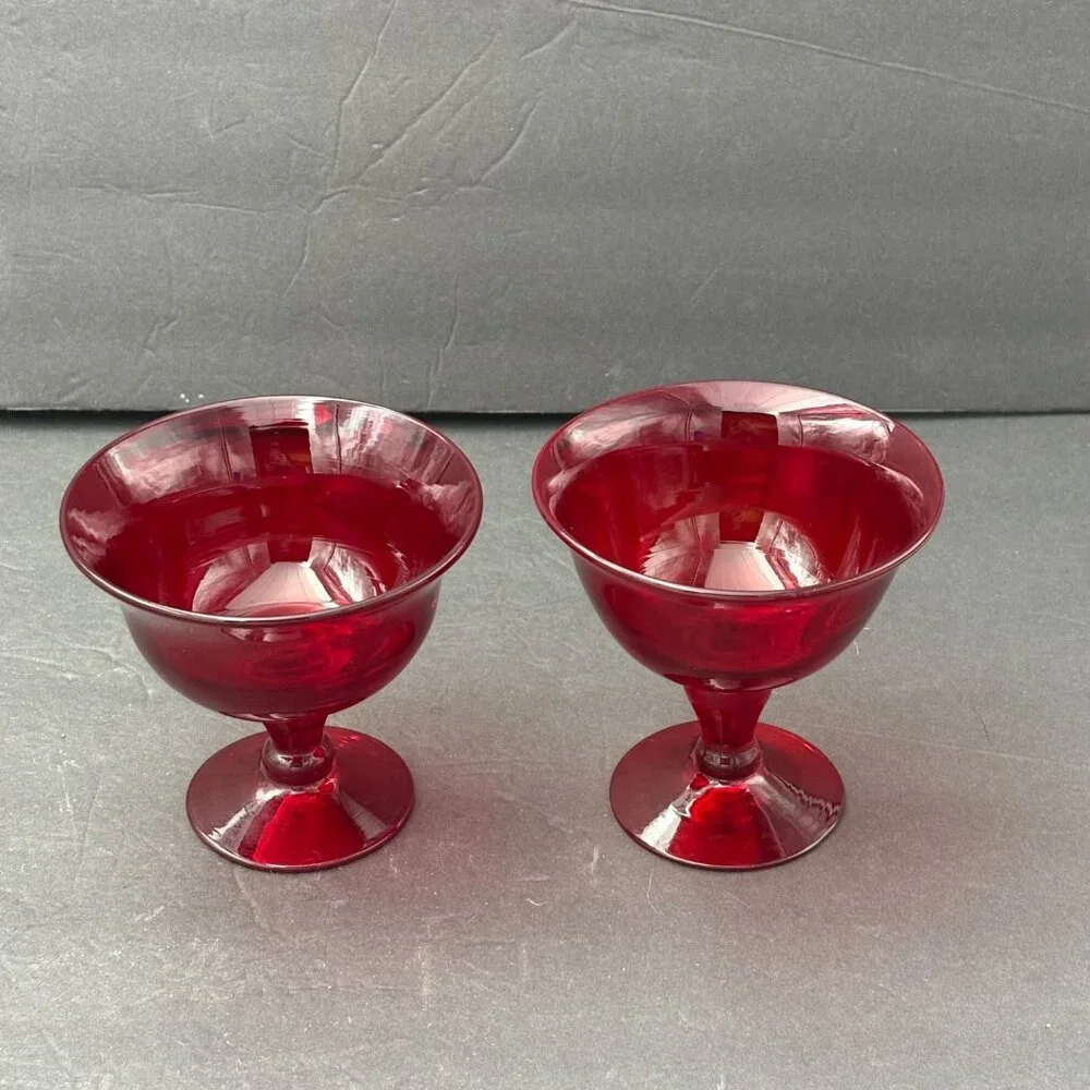 Vintage Ruby Red Hand Blown Glass Dessert Coupe Sherbet Set of 2 Art Deco Pontil